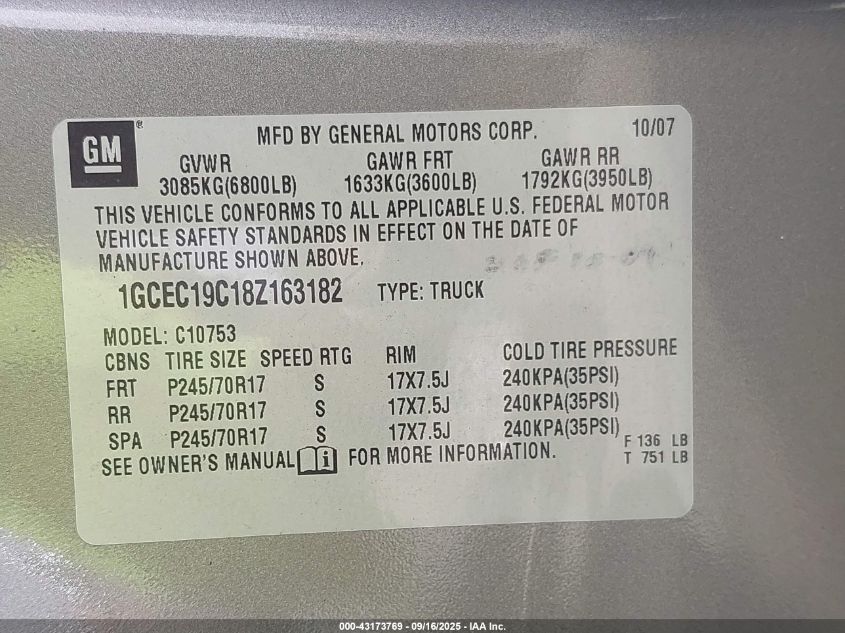 2008 Chevrolet Silverado 1500 Lt1 VIN: 1GCEC19C18Z163182 Lot: 43173769