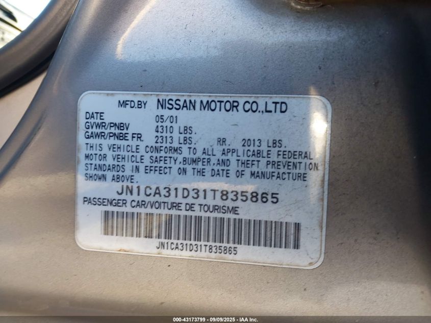 2001 Nissan Maxima Se VIN: JN1CA31D31T835865 Lot: 43173799