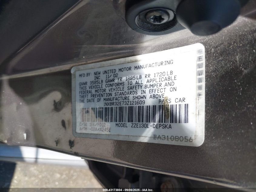 2003 Toyota Corolla S VIN: 1NXBR32E73Z121609 Lot: 43173804