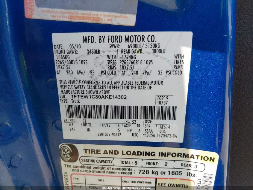 2010 Ford F-150 Fx2 Sport/Xl/Xlt VIN: 1FTEW1C80AKE14302 Lot: 43173833