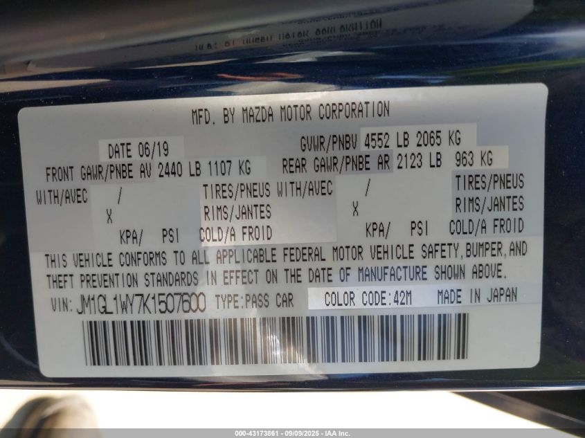 2019 Mazda Mazda6 Grand Touring Reserve VIN: JM1GL1WY7K1507600 Lot: 43173861