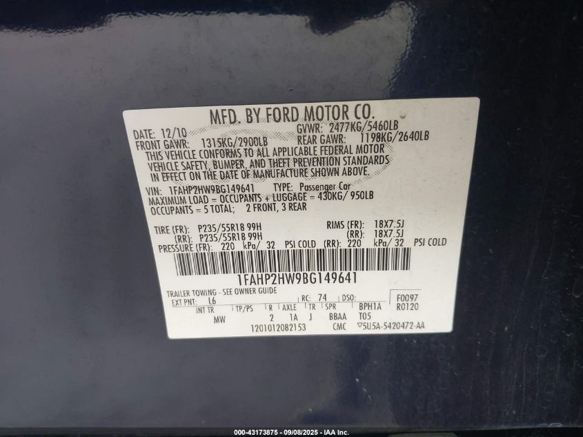 2011 Ford Taurus Sel VIN: 1FAHP2HW9BG149641 Lot: 43173875