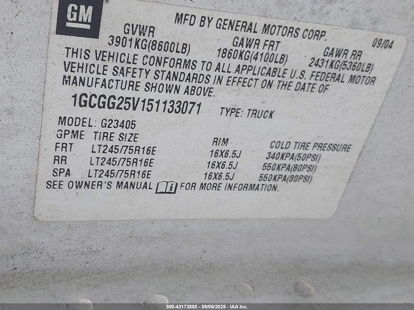 2005 Chevrolet Express VIN: 1GCGG25V151133071 Lot: 43173880