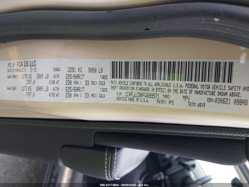 2015 Jeep Cherokee Latitude VIN: 1C4PJLCB0FW689571 Lot: 43173884