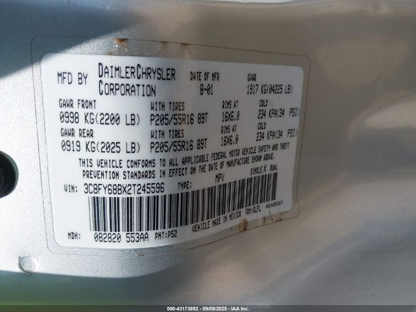 2002 Chrysler Pt Cruiser Limited VIN: 3C8FY68BX2T245596 Lot: 43173892