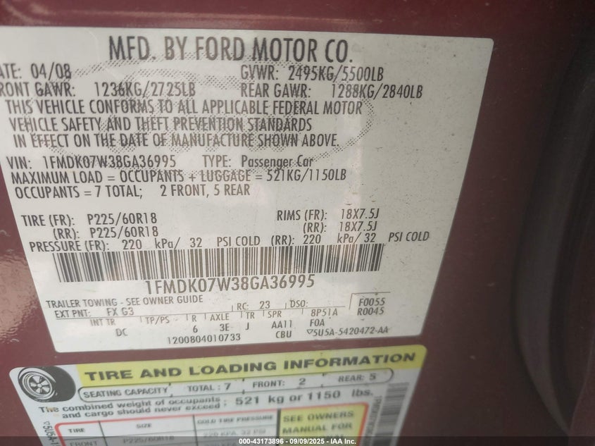 2008 Ford Taurus X Eddie Bauer VIN: 1FMDK07W38GA36995 Lot: 43173896