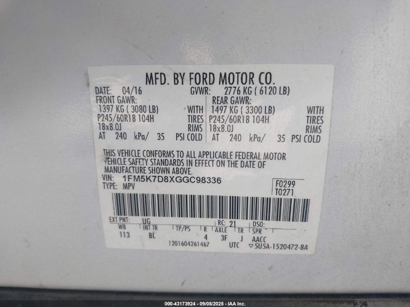 2016 Ford Explorer Xlt VIN: 1FM5K7D8XGGC98336 Lot: 43173924