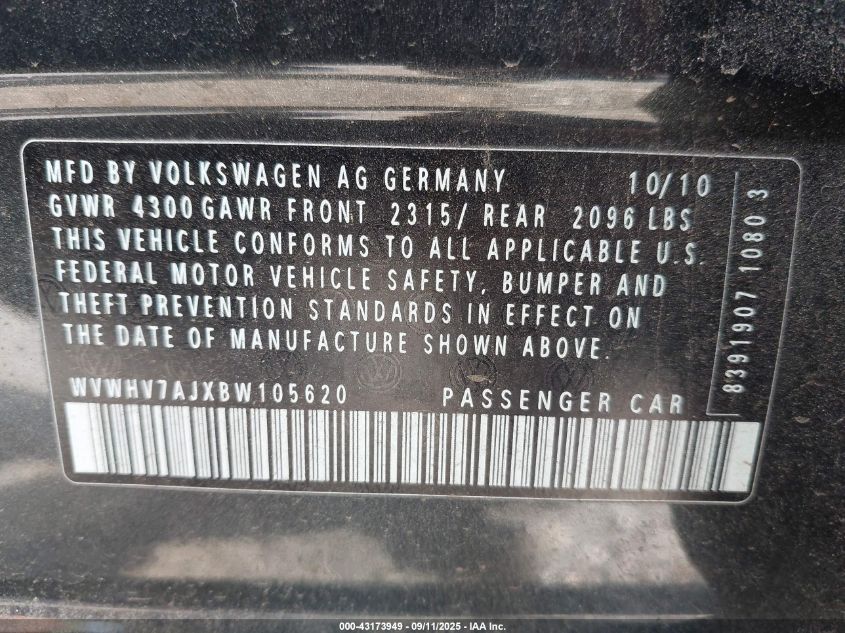 2011 Volkswagen Gti 4-Door VIN: WVWHV7AJXBW105620 Lot: 43173949