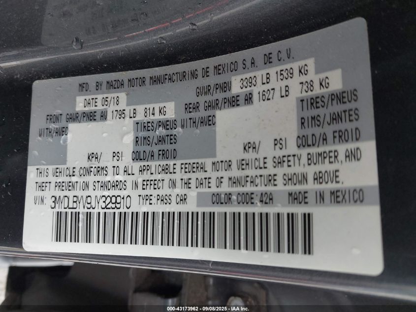 2018 Toyota Yaris Ia VIN: 3MYDLBYV9JY329910 Lot: 43173962