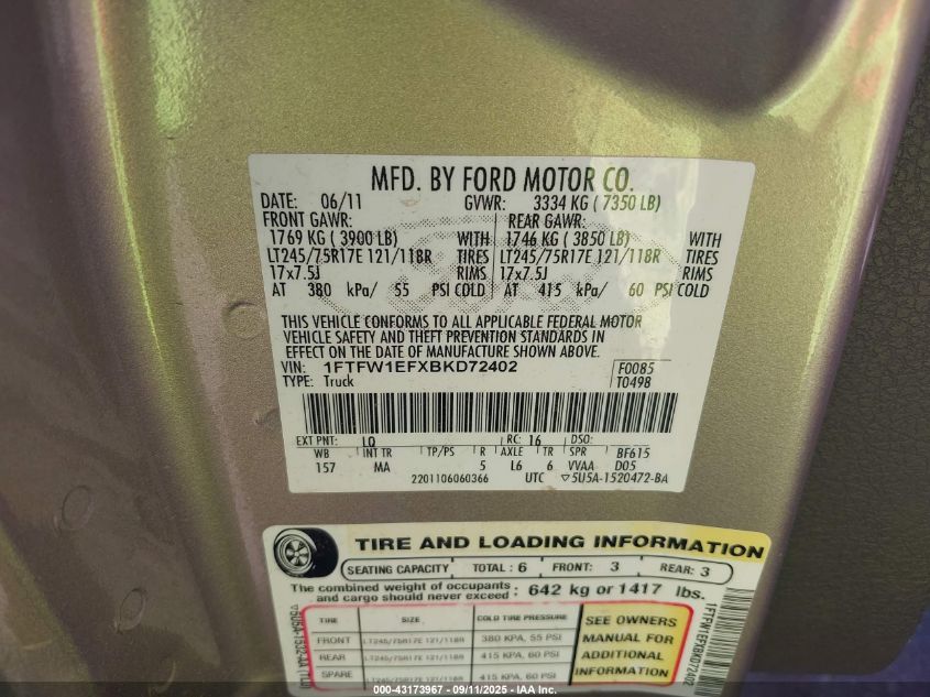 2011 Ford F-150 Xlt VIN: 1FTFW1EFXBKD72402 Lot: 43173967