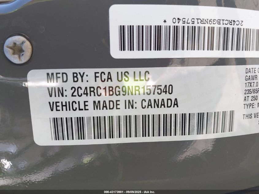 2022 Chrysler Pacifica Touring L VIN: 2C4RC1BG9NR157540 Lot: 43173981