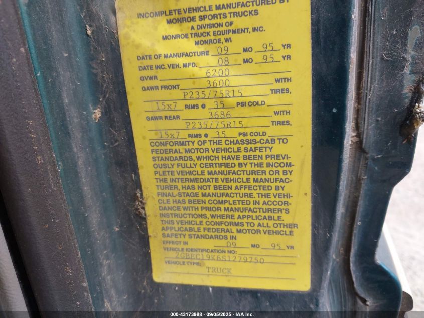 1995 Chevrolet Gmt-400 C1500 VIN: 2GBEC19K6S1279750 Lot: 43173988