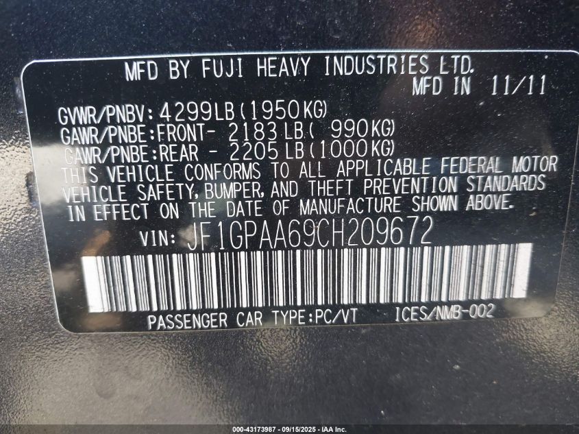 2012 Subaru Impreza 2.0I VIN: JF1GPAA69CH209672 Lot: 43173987