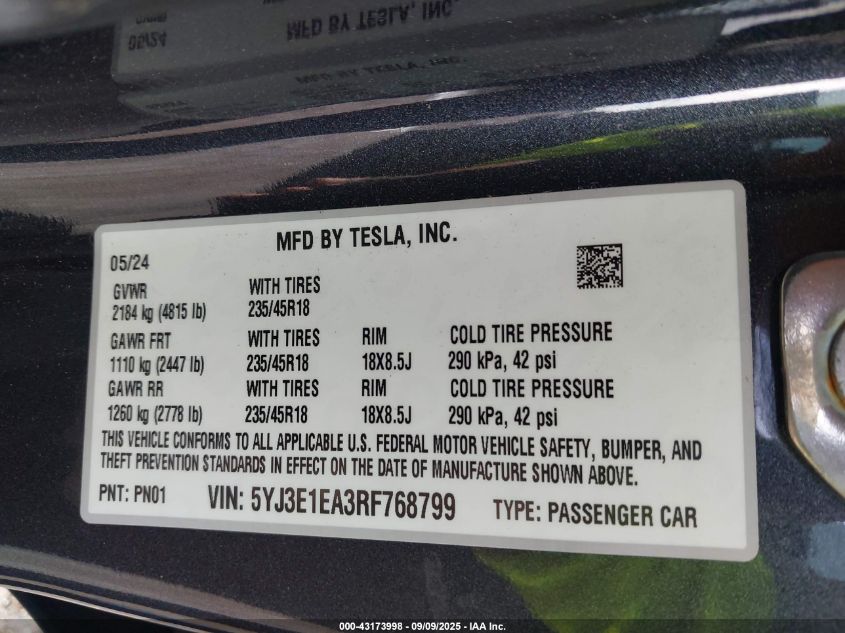 2024 Tesla Model 3 Long Range Dual Motor All-Wheel Drive/Rear-Wheel Drive VIN: 5YJ3E1EA3RF768799 Lot: 43173998