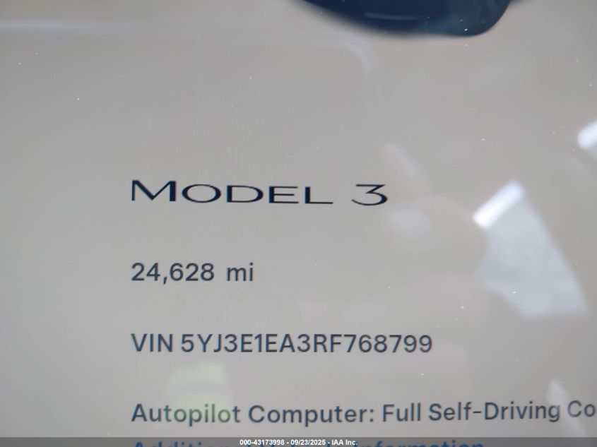2024 Tesla Model 3 Long Range Dual Motor All-Wheel Drive/Rear-Wheel Drive VIN: 5YJ3E1EA3RF768799 Lot: 43173998