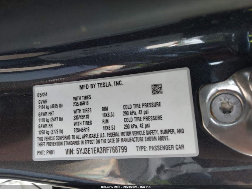 2024 Tesla Model 3 Long Range Dual Motor All-Wheel Drive/Rear-Wheel Drive VIN: 5YJ3E1EA3RF768799 Lot: 43173998