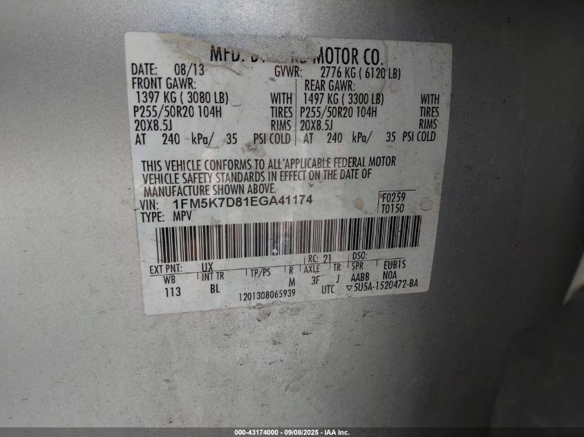 2014 Ford Explorer Xlt VIN: 1FM5K7D81EGA41174 Lot: 43174000