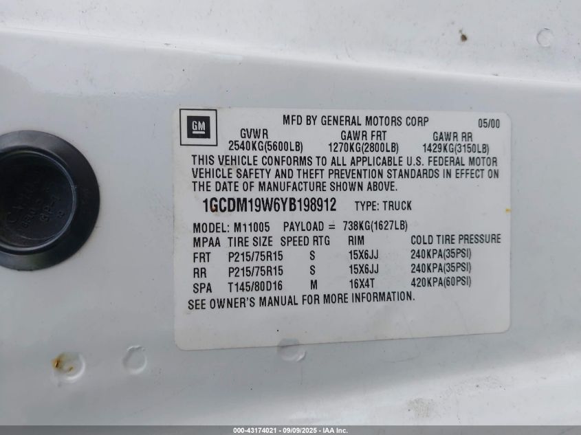 2000 Chevrolet Astro VIN: 1GCDM19W6YB198912 Lot: 43174021