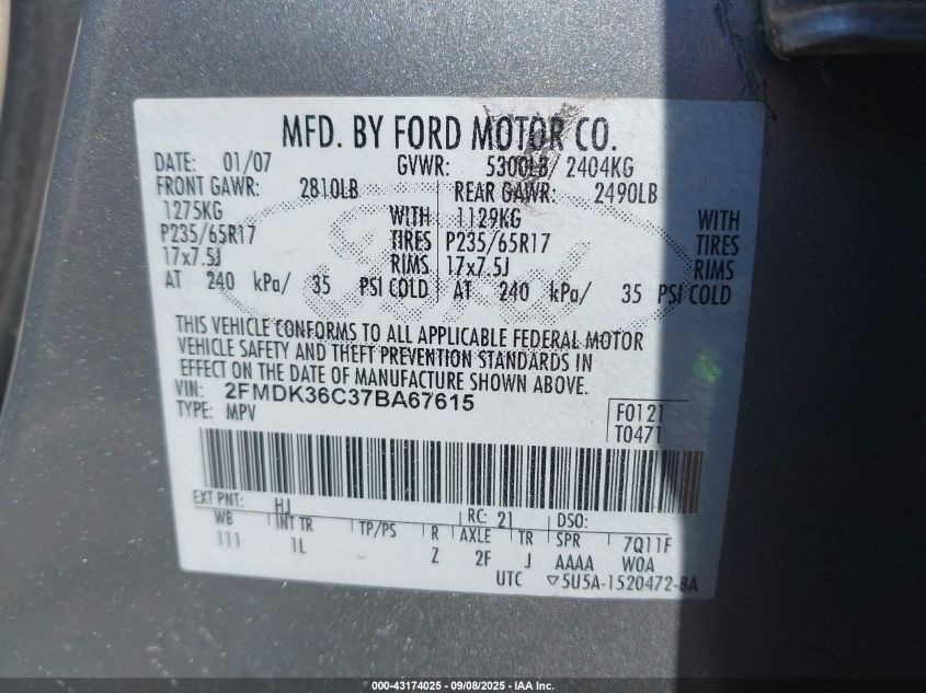 2007 Ford Edge Se VIN: 2FMDK36C37BA67615 Lot: 43174025