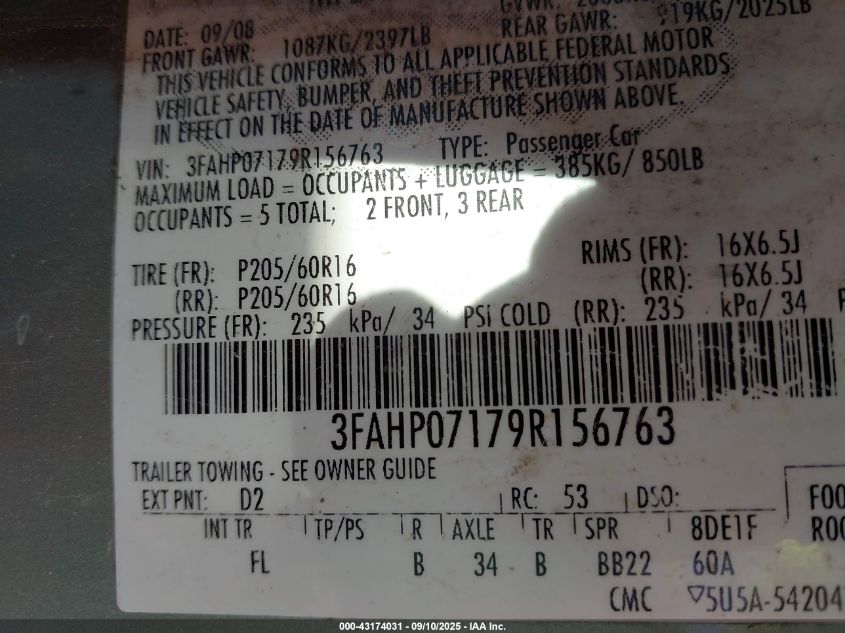 2009 Ford Fusion Se VIN: 3FAHP07179R156763 Lot: 43174031