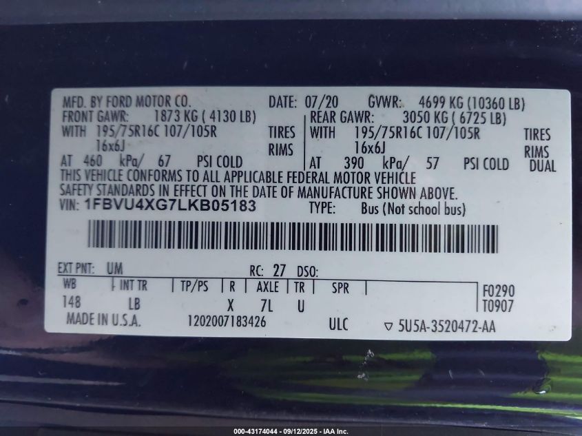 2020 Ford Transit-350 Passenger Van Xlt VIN: 1FBVU4XG7LKB05183 Lot: 43174044