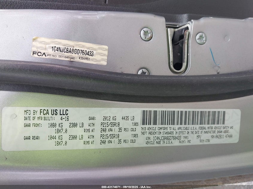 2016 JEEP COMPASS SPORT SE - 1C4NJCBA8GD760433