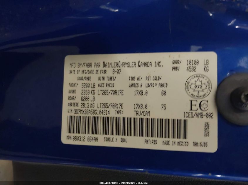 2008 Dodge Ram 3500 Laramie VIN: 3D7MX38A58G104914 Lot: 43174095