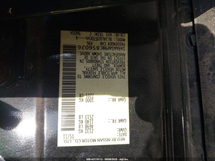 2011 Nissan Maxima 3.5 S VIN: 1N4AA5AP9BC856026 Lot: 43174113