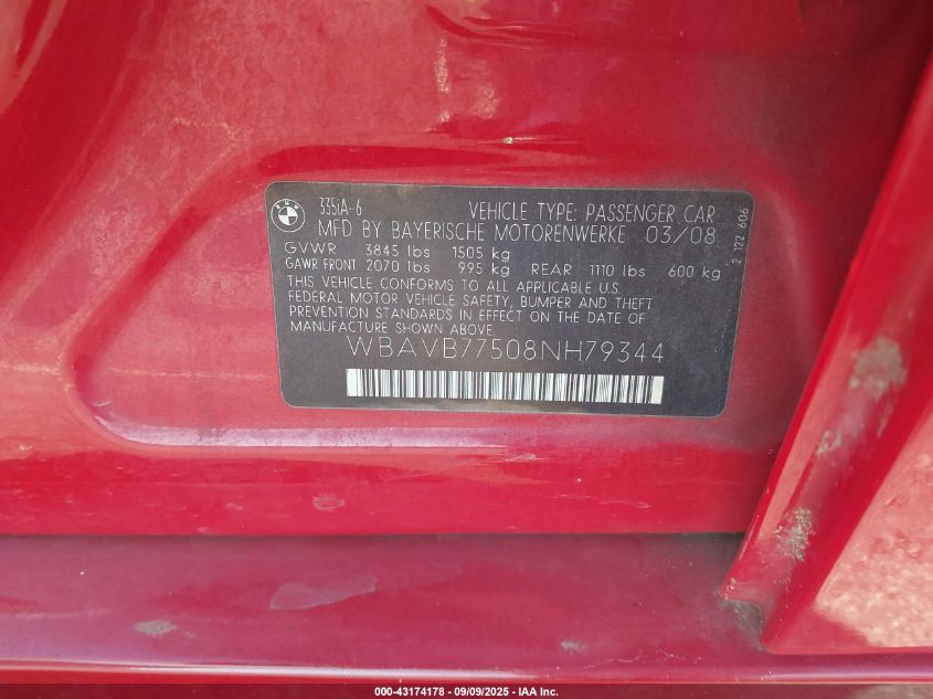 2008 BMW 335I VIN: WBAVB77508NH79344 Lot: 43174178