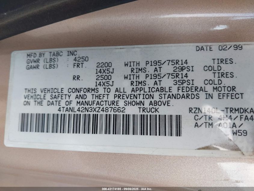 1999 Toyota Tacoma VIN: 4TANL42N3XZ487662 Lot: 43174185