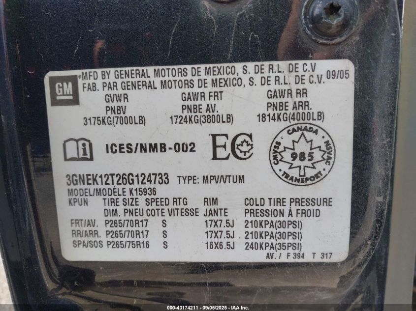2006 Chevrolet Avalanche 1500 Ls/Lt/Z71 VIN: 3GNEK12T26G124733 Lot: 43174211