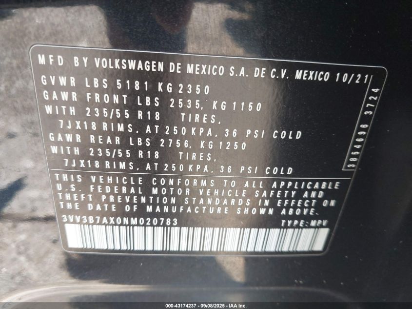 2022 Volkswagen Tiguan 2.0T Se VIN: 3VV3B7AX0NM020783 Lot: 43174237