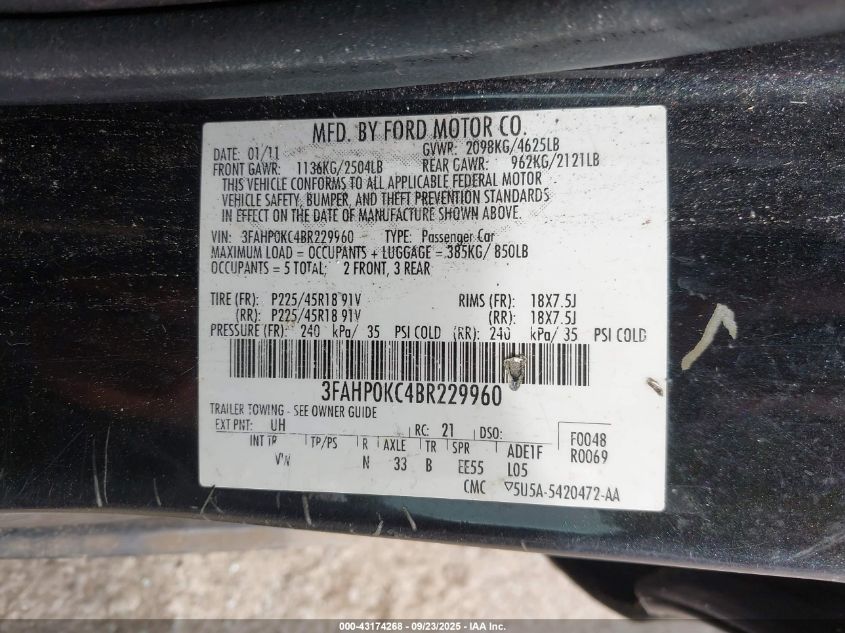 2011 Ford Fusion Sport VIN: 3FAHP0KC4BR229960 Lot: 43174268