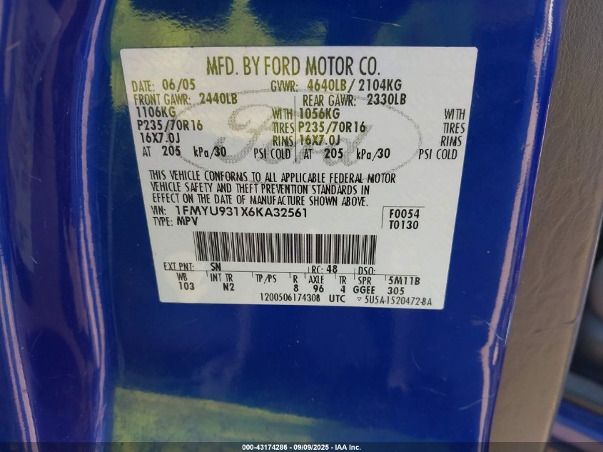 2006 Ford Escape Xlt/Xlt Sport VIN: 1FMYU931X6KA32561 Lot: 43174286