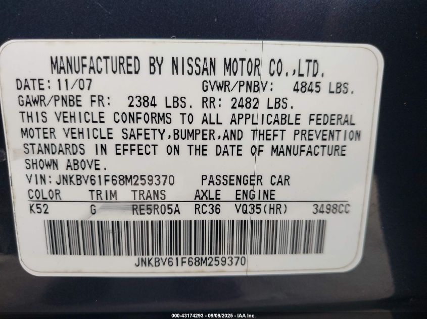 2008 Infiniti G35X VIN: JNKBV61F68M259370 Lot: 43174293