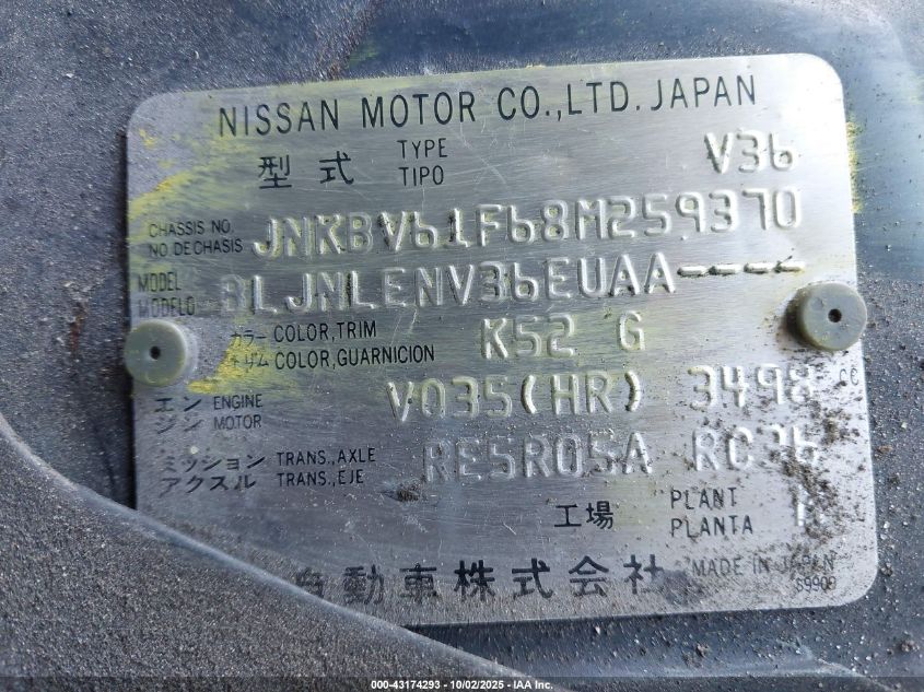 2008 Infiniti G35X VIN: JNKBV61F68M259370 Lot: 43174293