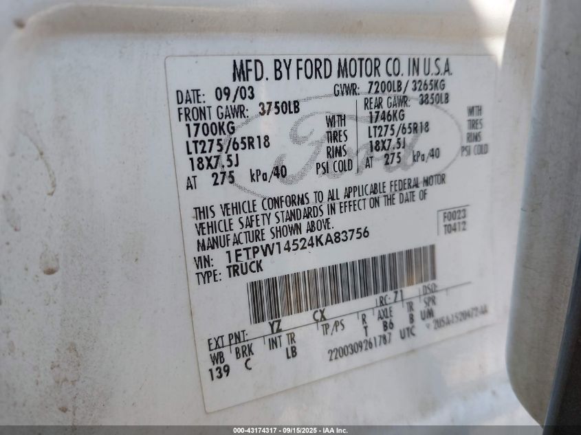 2004 Ford F-150 Fx4/Lariat/Xlt VIN: 1FTPW14524KA83756 Lot: 43174317