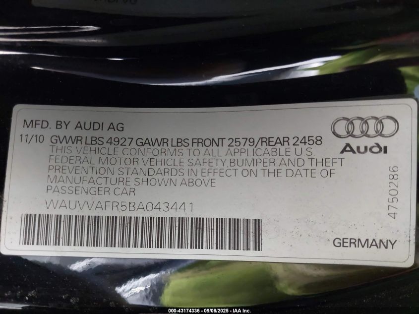 2011 Audi S5 4.2 Premium Plus VIN: WAUVVAFR5BA043441 Lot: 43174336