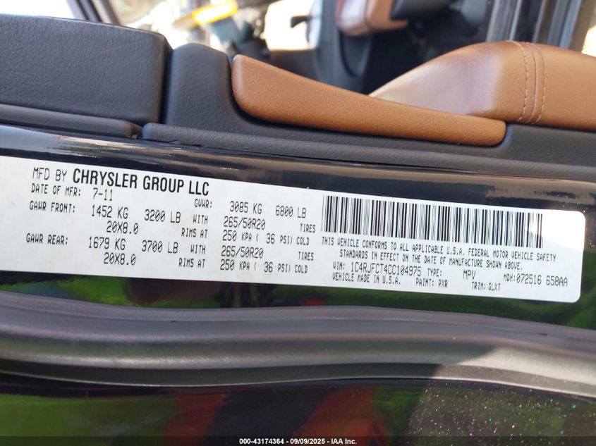 2012 Jeep Grand Cherokee Overland VIN: 1C4RJFCT4CC104975 Lot: 43174364