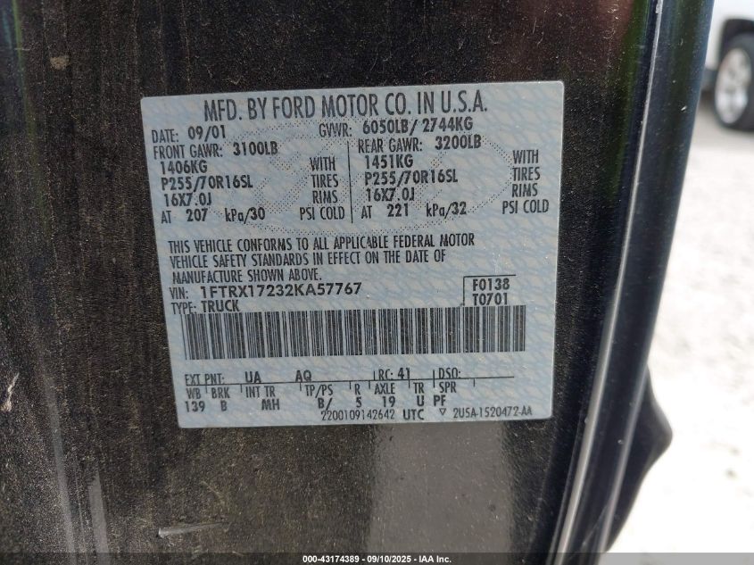 2002 Ford F-150 Xl/Xlt VIN: 1FTRX17232KA57767 Lot: 43174389