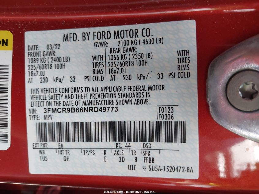 2022 Ford Bronco Sport Big Bend VIN: 3FMCR9B66NRD49773 Lot: 43174395