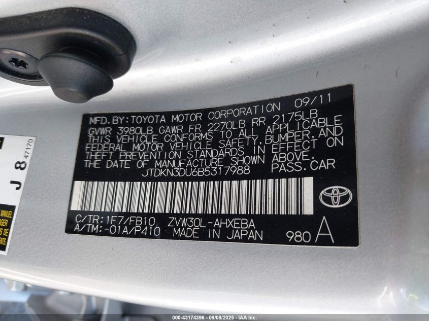 2011 Toyota Prius Three VIN: JTDKN3DU6B5317988 Lot: 43174396