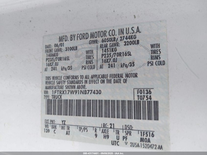 2001 Ford F-150 Lariat/Xl/Xlt VIN: 1FTRX17W91NB77430 Lot: 43174401