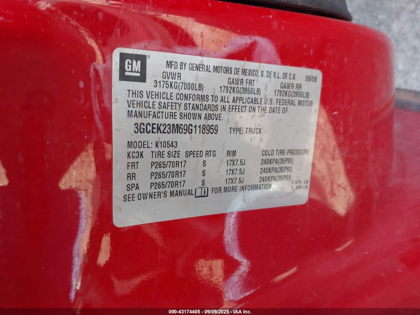 2009 Chevrolet Silverado 1500 Lt VIN: 3GCEK23M69G118959 Lot: 43174405