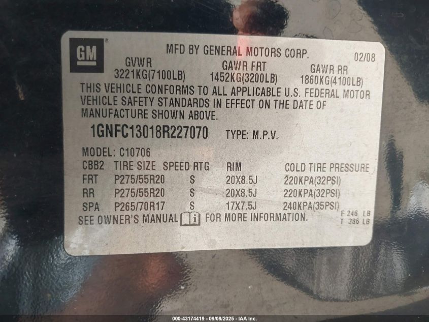 2008 Chevrolet Tahoe Lt VIN: 1GNFC13018R227070 Lot: 43174419