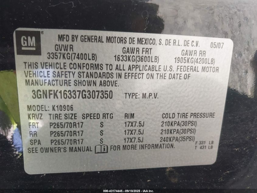 2007 Chevrolet Suburban 1500 Lt VIN: 3GNFK16337G307350 Lot: 43174445