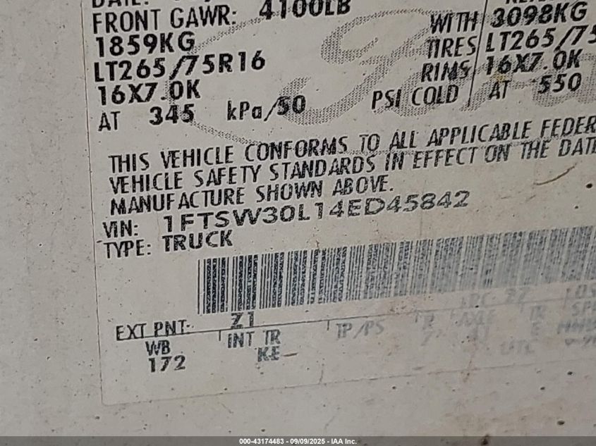 2004 Ford F-350 Lariat/Xl/Xlt VIN: 1FTSW30L14ED45842 Lot: 43174483