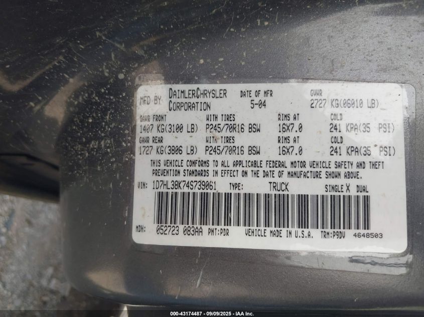 2004 Dodge Dakota Sport/Sxt VIN: 1D7HL38K74S739061 Lot: 43174487