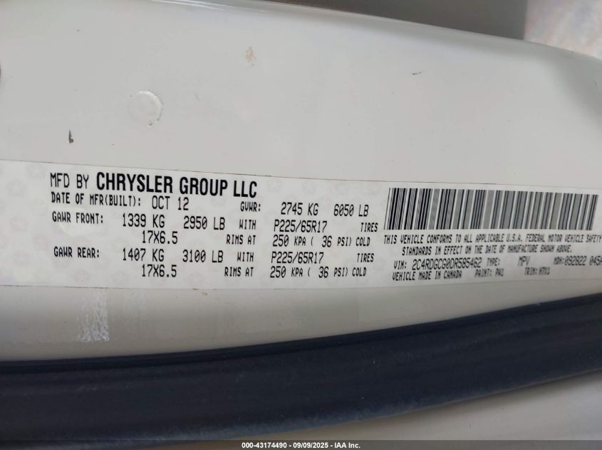 2013 Dodge Grand Caravan Sxt VIN: 2C4RDGCG0DR585462 Lot: 43174490