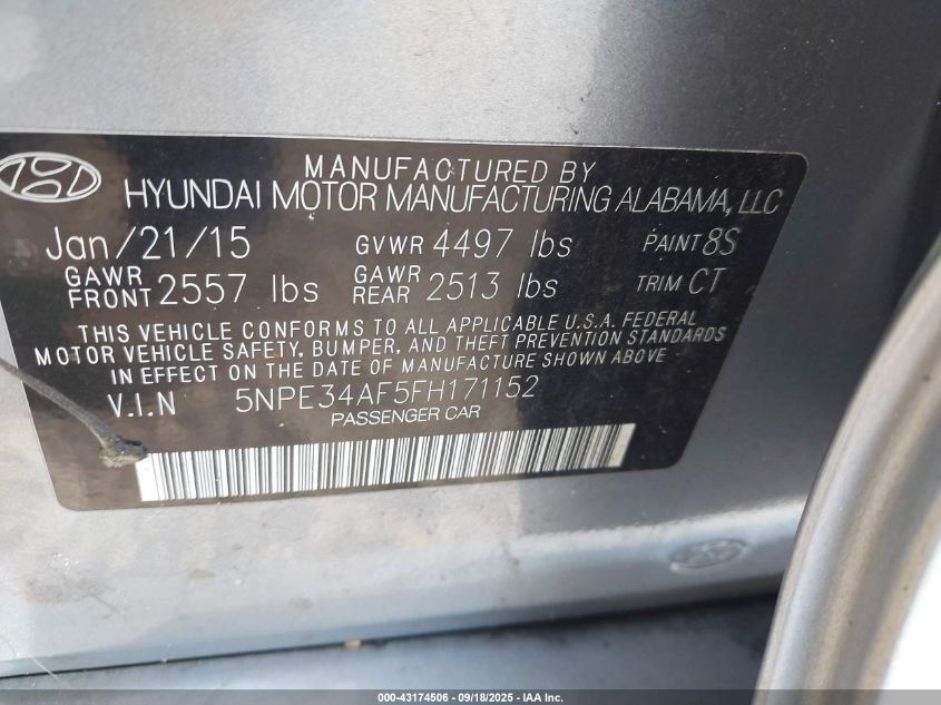 2015 Hyundai Sonata Limited VIN: 5NPE34AF5FH171152 Lot: 43174506